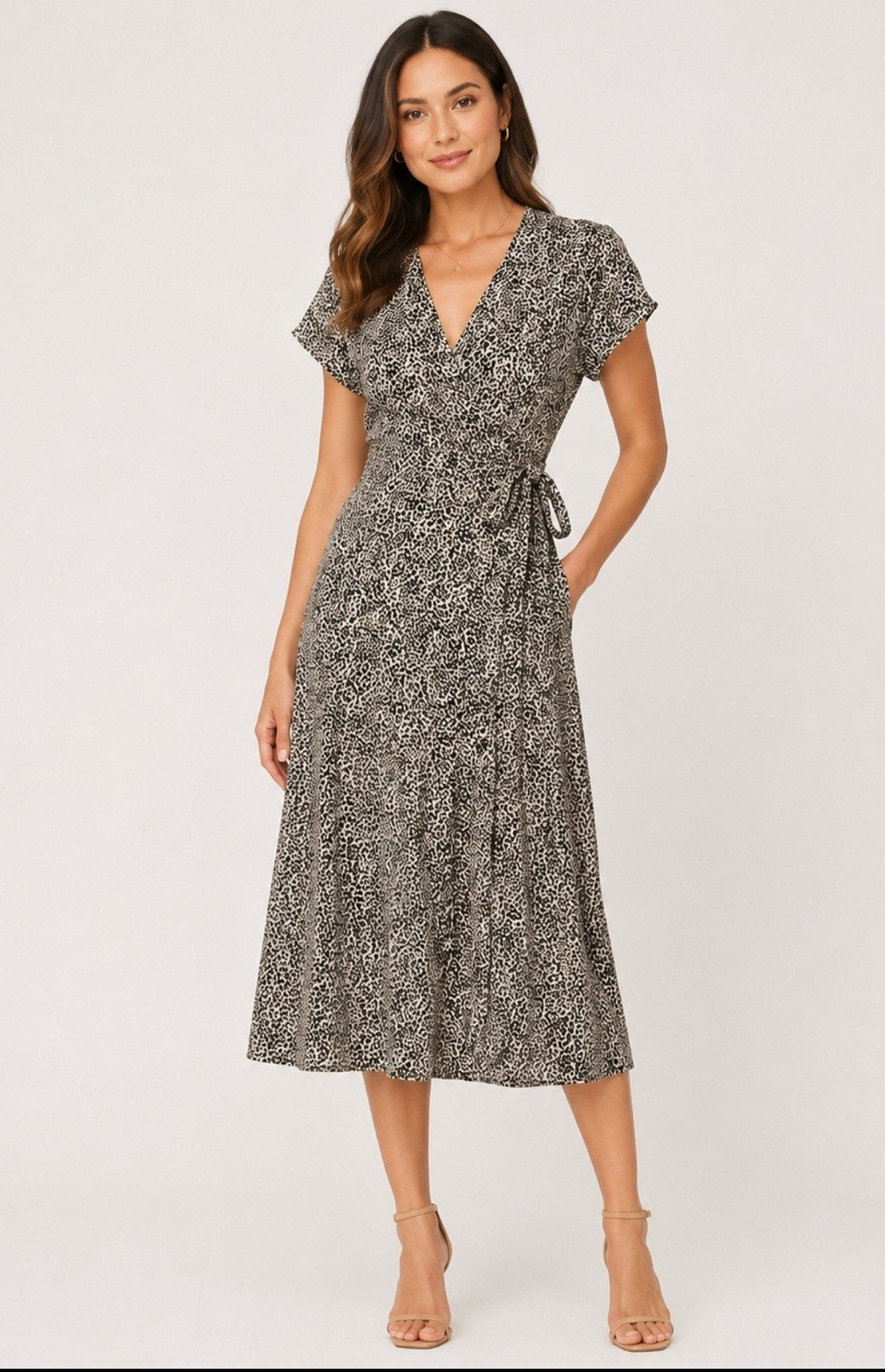 Resort Boho Wear Animal Print Leopard Woven Wrap Midi Dress Xl V-Neck Tie Waist